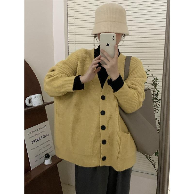 Винтажный ленивый кардиган V-образного выреза, вязаный, для женского осенне-зимнего сезона, новый, свободный, универсальный, на пуговицах, куртка-свитер для женщин