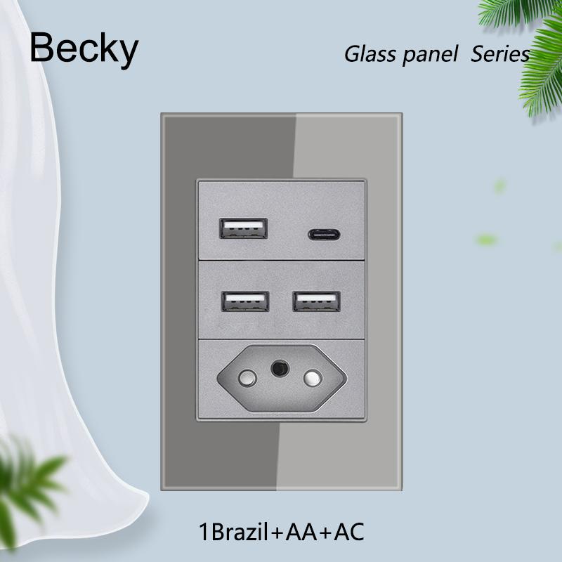 Glass Panel Brazil Registered Jack Dual Usb C- Type Light Switch Office Wall Power Socket 118 * 72mm Grey Fiberglass 20a 10a