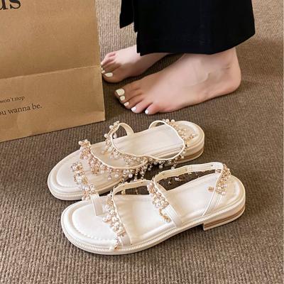 Легкие сандалии женские мягкая подошва с открытой пяткой богемные туфли стразы на пальце плоские пляжные приморские