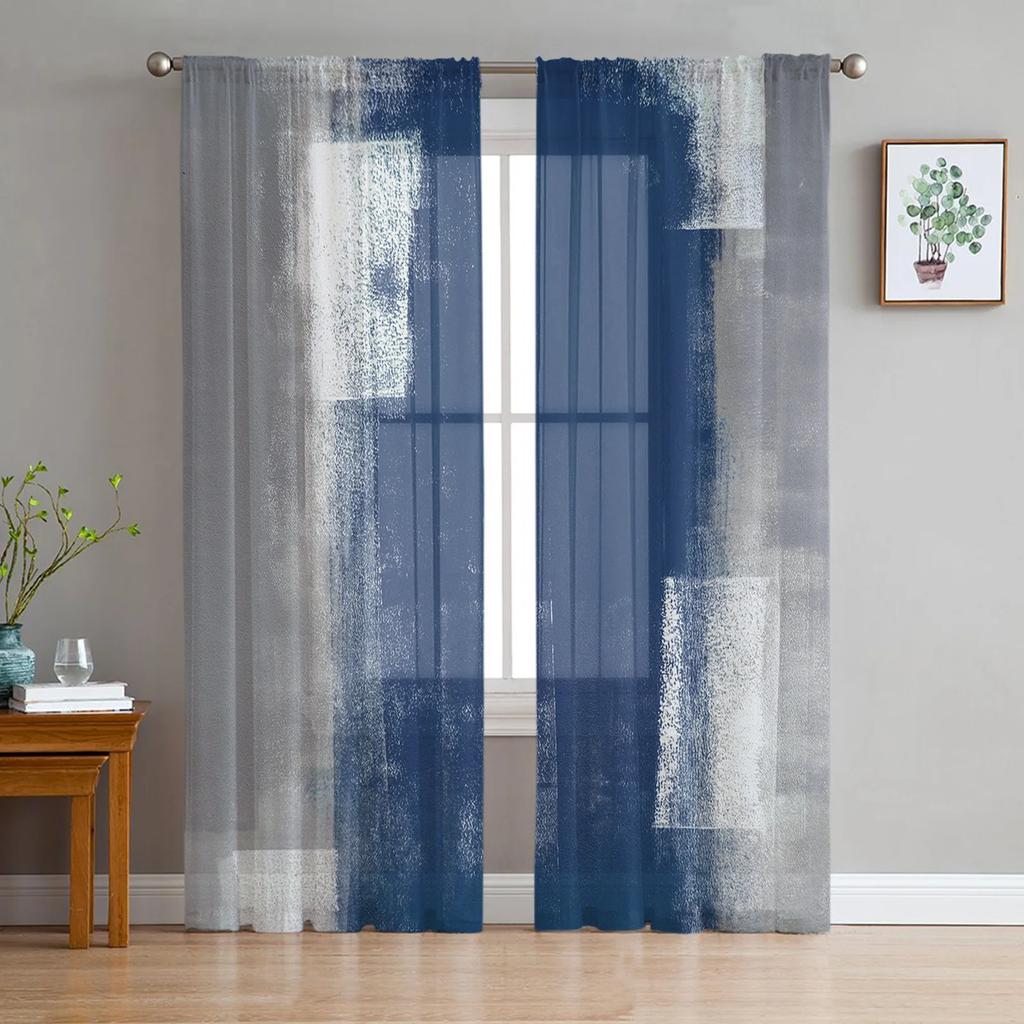 Orange Gray Abstract Oil Painting Texture Sheer Curtains for Living Room Decoration Window Curtain Kitchen Tulle Voile Drapes