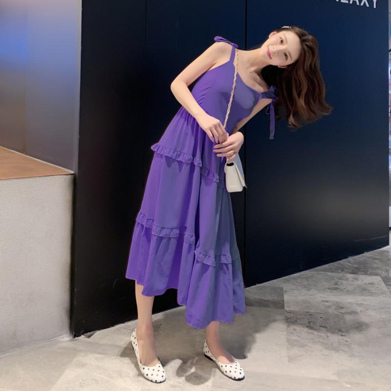 Летнее новое однотонное платье с бантом и сексуальными бретельками, женское ретро-платье с высокой талией, повседневное свободное длинное платье, женское модное облегающее элегантное платье с оборками 26371