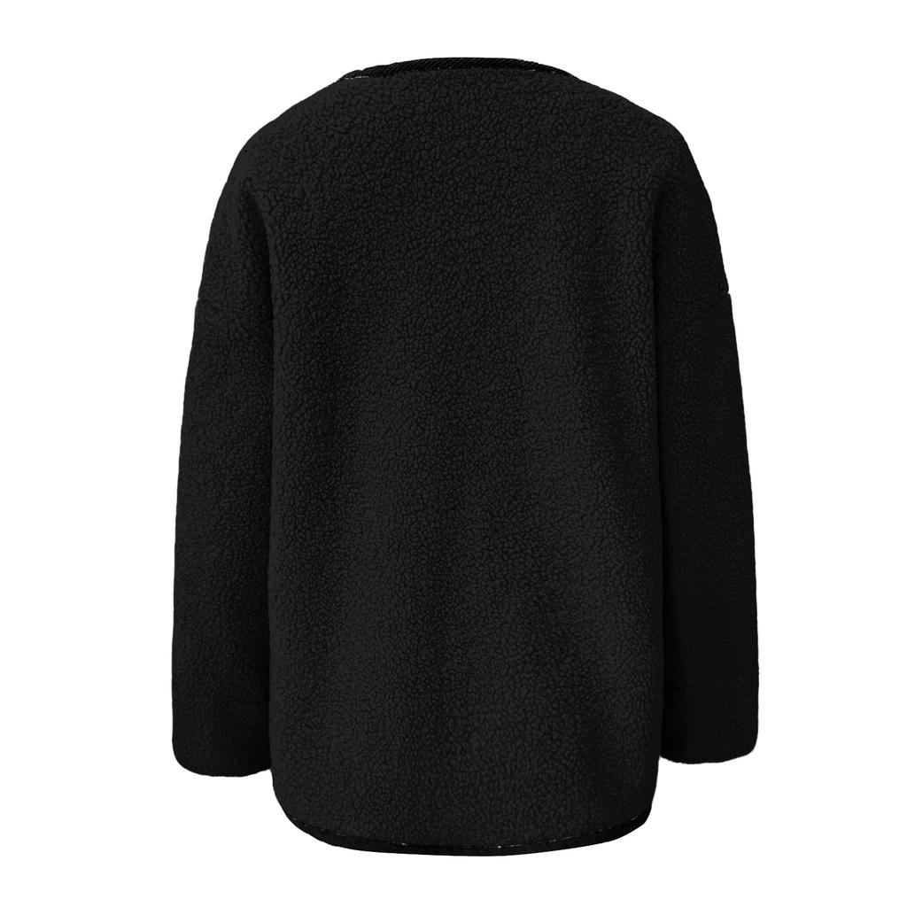 Women's Solid Color Collarless Casual Long Sleeved Button Down Plush Lamb Wool Jacket Jacket