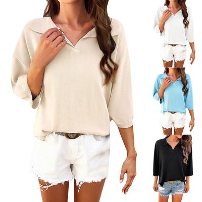 Темперамент, однотонная повседневная свободная трикотажная рубашка с рукавами семь четвертей с лацканами