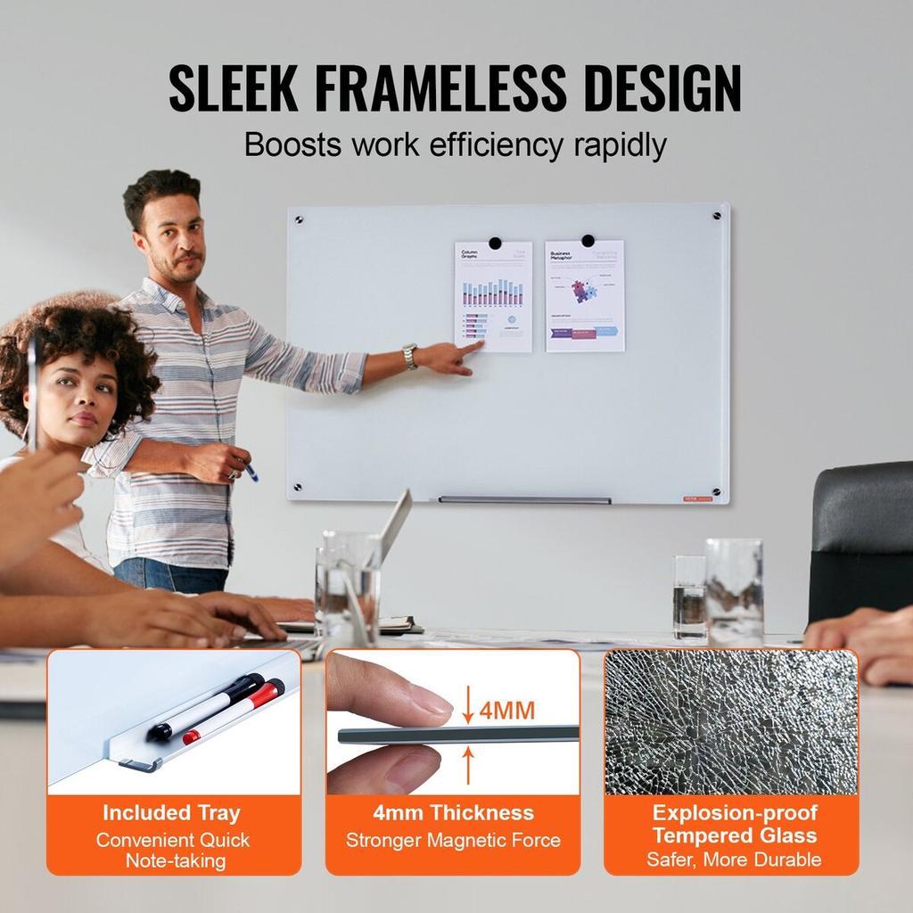 Magnetic Glass Whiteboard, Dry Erase Board 900 x 600 mm, Wall-Mounted Large White Glassboard Frameless, with Marker Tray, an Eraser and 2 Markers,