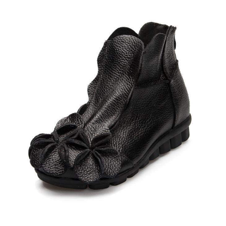Women Ankle Boots Winter Fashion Genuine Leather Height Increasing Casual Flats Flower Shoes Comfortable