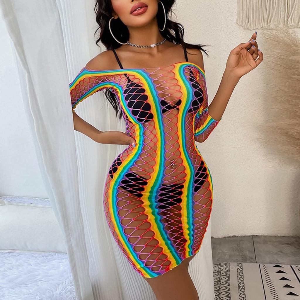 Женское нижнее белье больших размеров, женское сексуальное женское белье, высокоэластичный сетчатый Радужный купальник, полые рыболовные сети, сексуальный плотный цвет