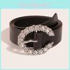 Fashionable Simple Style Pu Belt With Sparkling Rhinestone Buckle For Women