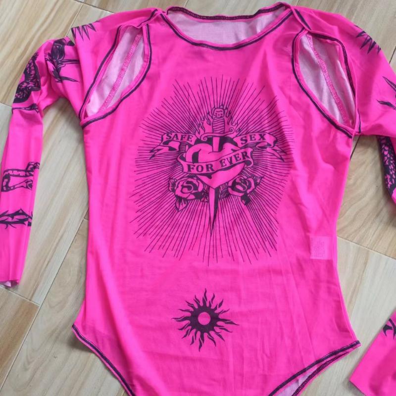 Европейский и американский хип-хоп напечатанный пикантный девчачий сексуальный базовый нерегулярный перспективный ажурный дизайн смысл женский комбинезон с длинными рукавами