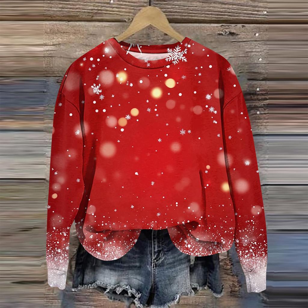 Женская мода круглый вырез пуловер длинный рукав футболка рождественский принт топ
