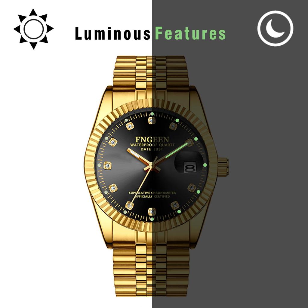 Ремешок из нержавеющей стали с календарем, золото, 3ATM, водонепроницаемый, стильный, аналоговый дисплей, японские кварцевые часы, золото, для отдыха, бизнеса, модные аксессуары, день рождения