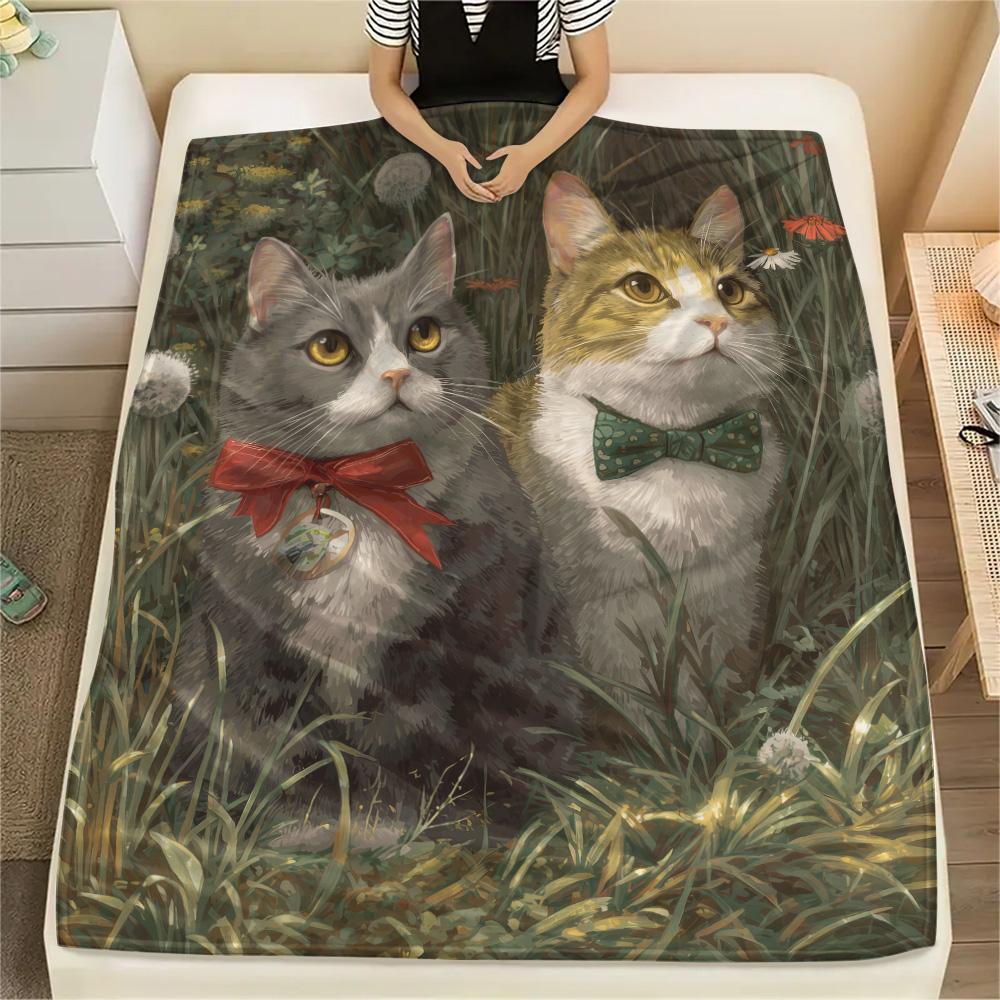 Grass Cat Print Flannel Blanket, High quality Comfortable for All Seasons, Home Decor, Warmth and Comfort