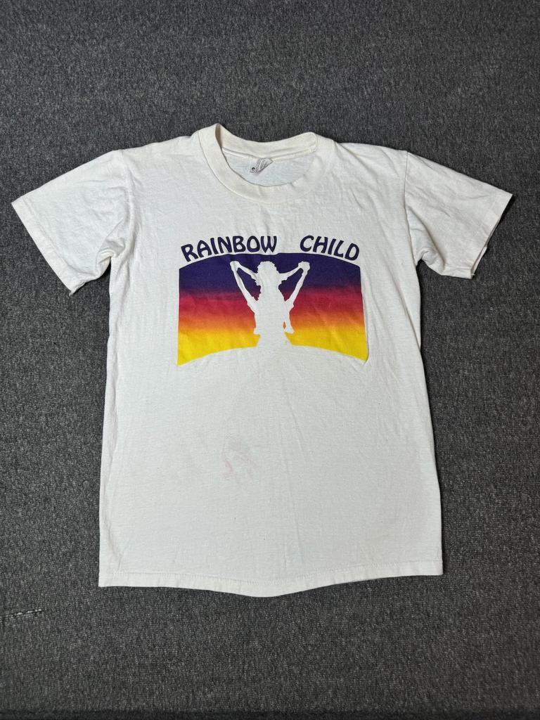 Vintage Rainbow Child Shirt Mens Small White Graphic Sunset Made USA 80s
