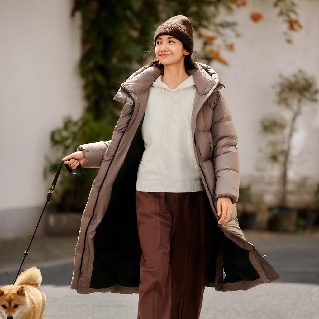 Li Ning Hot Pot Down Series свободная однотонная куртка с капюшоном для улицы, устойчивая к холоду, повседневная теплая длинная куртка-пуховик для женщин, верхняя одежда, цвет дерева-серо-коричневый AYMU232-8