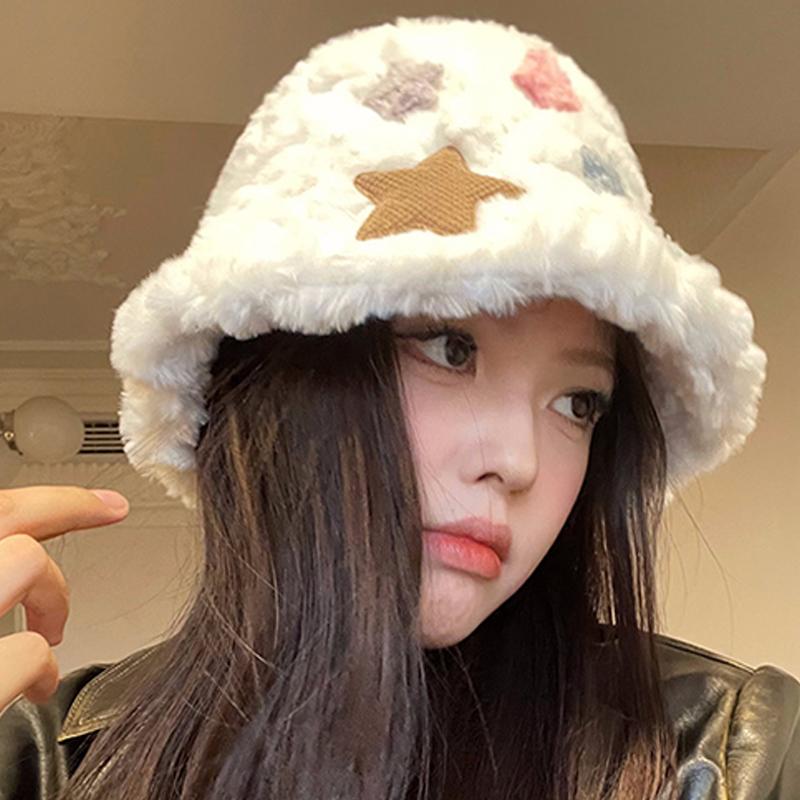 Рыбацкая шапка с плюшевым теплом, милая и симпатичная плюшевая шапка со звездами для женщин