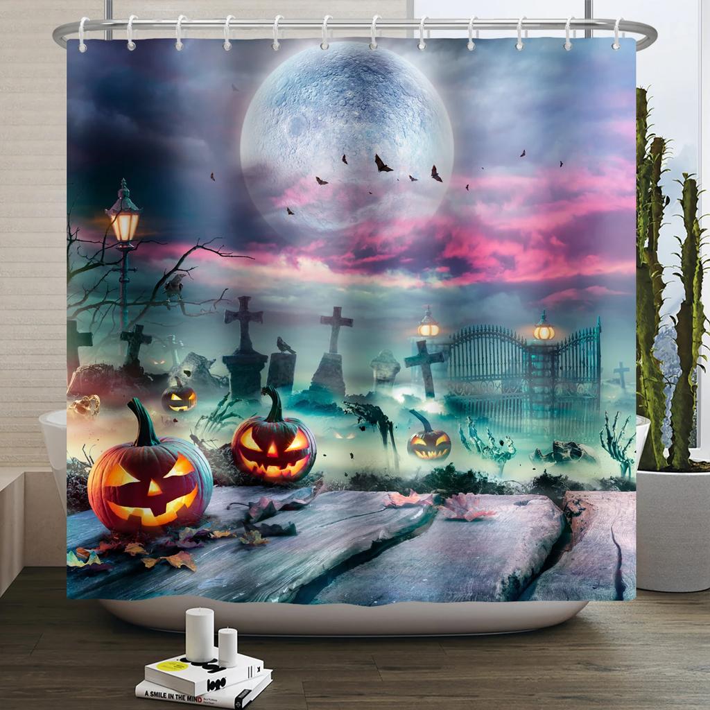 Хэллоуин Занавеска для душа Ужас Лунная ночь Тыква Череп Скелет Страшный Замок Ведьма Призрак Кладбище Водонепроницаемые Занавески для ванной