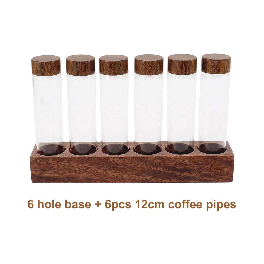 Leeseph Single Dose Coffee Bean Storage Tubes with Walnut Wood Display Stand and Funnel, Dosing Glass Vials with Lids, Best Gift