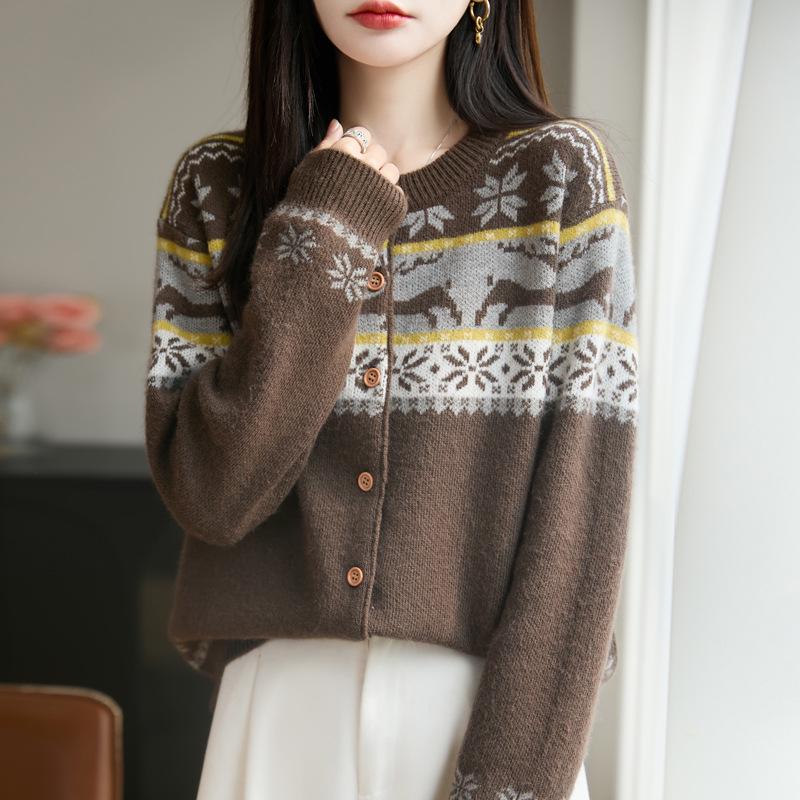 Женский вязаный кардиган в стиле Fair Isle - Свободный свитер-пальто с длинным рукавом для осени/зимы 2025