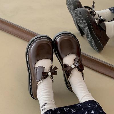 Туфли на платформе в стиле ретро с юбкой, кожаные туфли женские, новинка 2025 года, весна-осень, туфли Мэри Джейн с бантом и мелким горлом