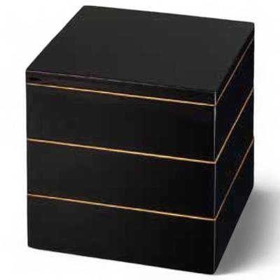 J-kitchens Лаккированная 3-ярусная коробка Jubako, 5,5 дюйма, Семь счастливых мешков, Черная, 16 см, Смола, Сделано в Японии