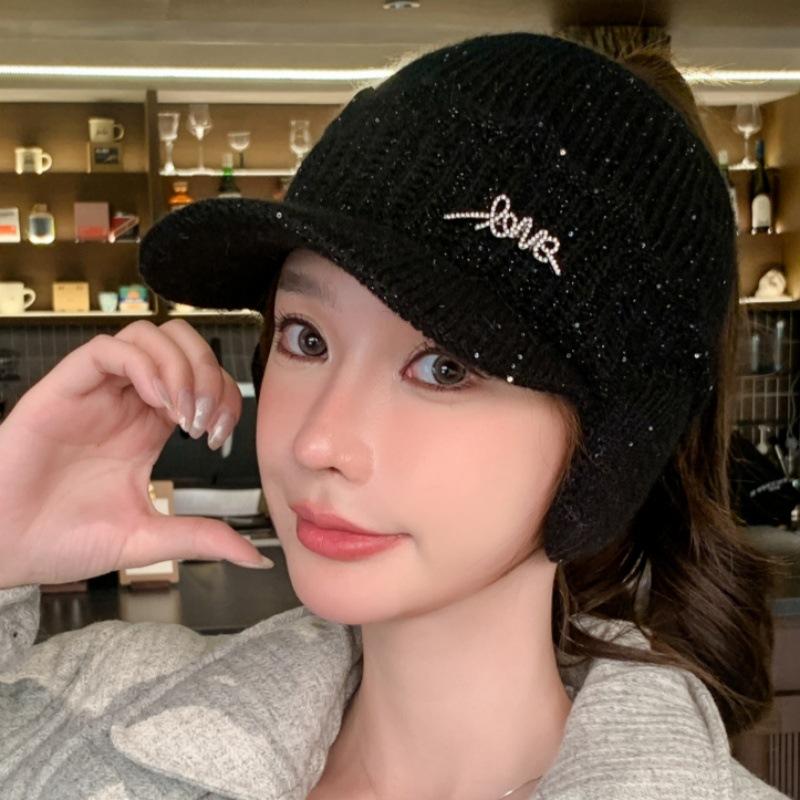 New Faux Rabbit Fur Empty Top Hat Women's Winter Riding Knitted Ear Protection Baseball Cap Fleece Warm Empty Top Running Wool Cap