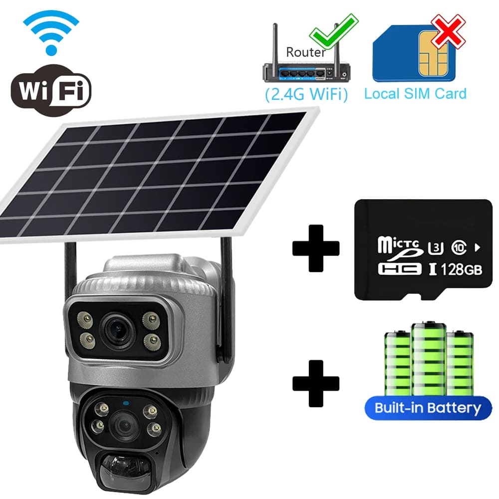 Новая солнечная камера 4K 8MP 4G SIM-карта с двумя объективами, WIFI, ночным видением, двойной экран, аккумулятор, PIR, обнаружение движения, наружное видеонаблюдение