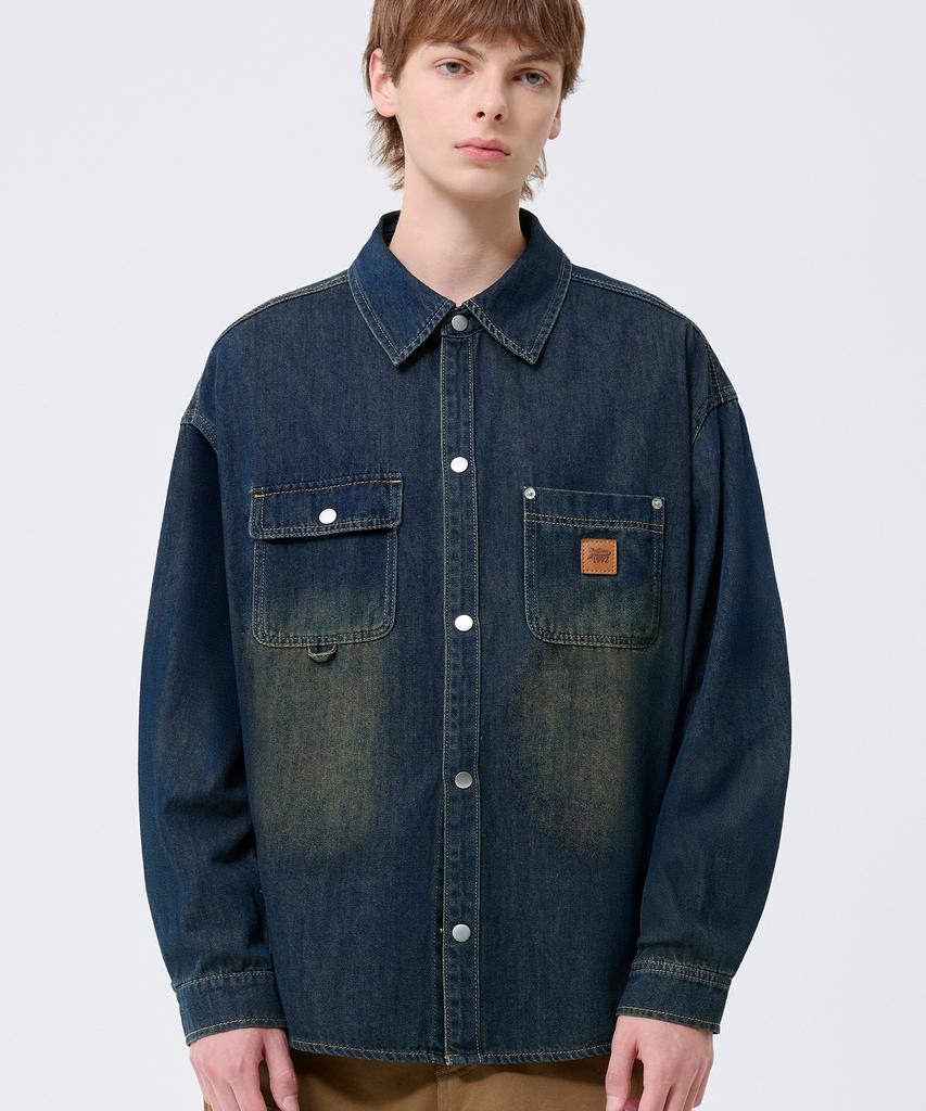 TRILLION Leather Patch Oversized Work Denim Long Sleeve Shirt_Vintage Blue