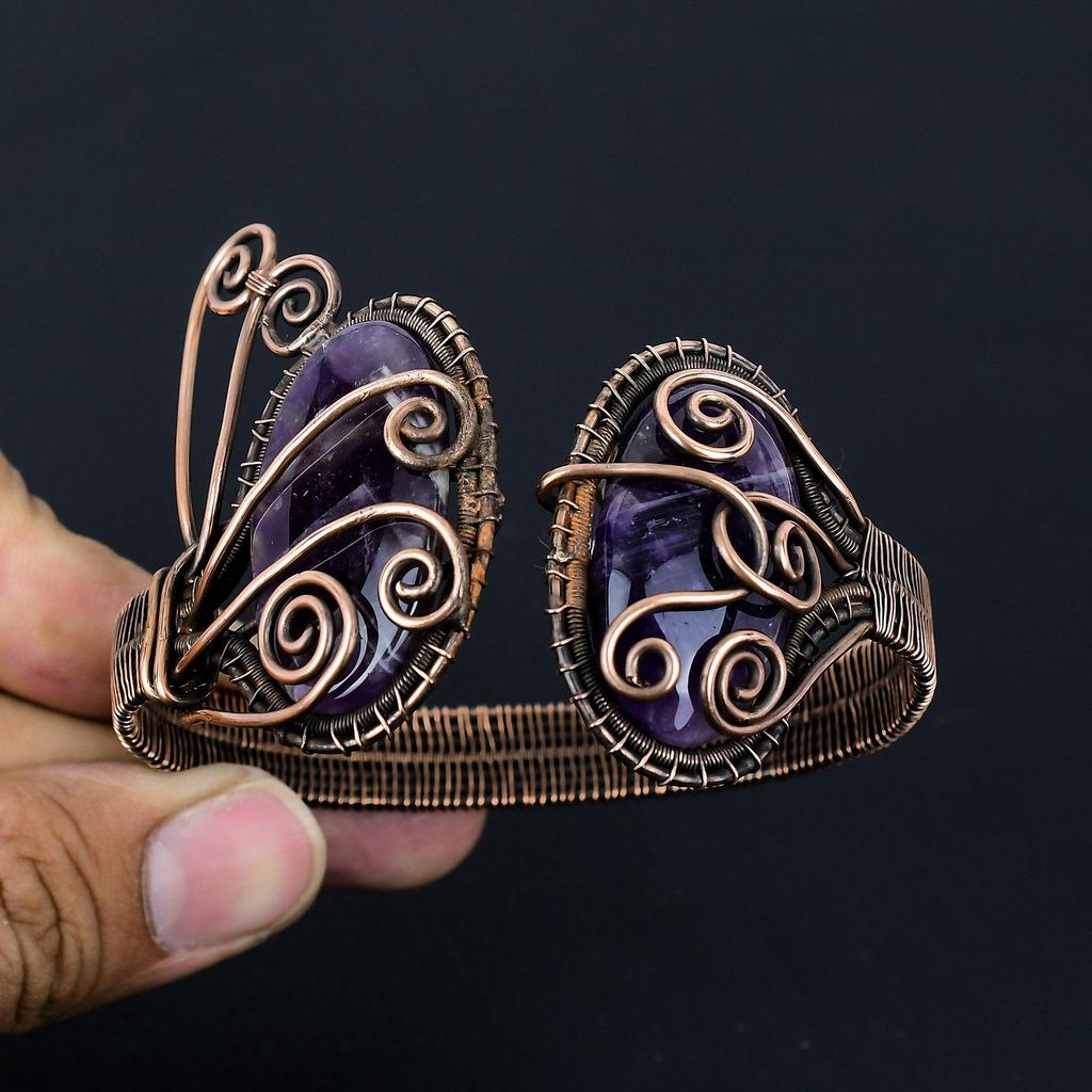 Привлекательный аметист, драгоценный камень, чистая медная проволока, завернутая в манжеты/браслет ручной работы, ювелирные изделия