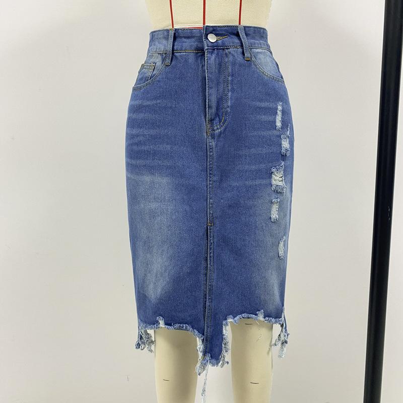 Летняя женская джинсовая юбка, темперамент, юбка средней длины с нерегулярными отверстиями и кисточками