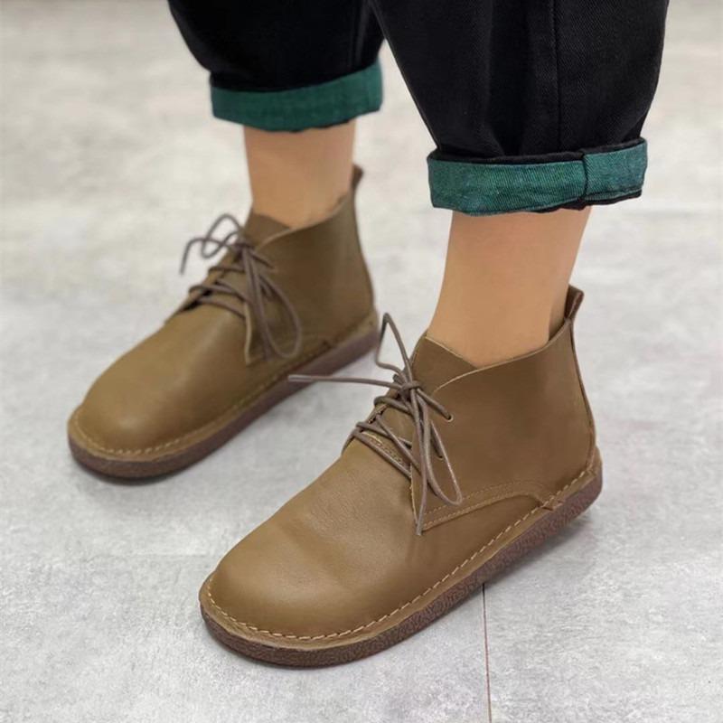 Ботинки из натуральной кожи ручной работы с круглым носком, плоские, женские туфли из коровьей кожи