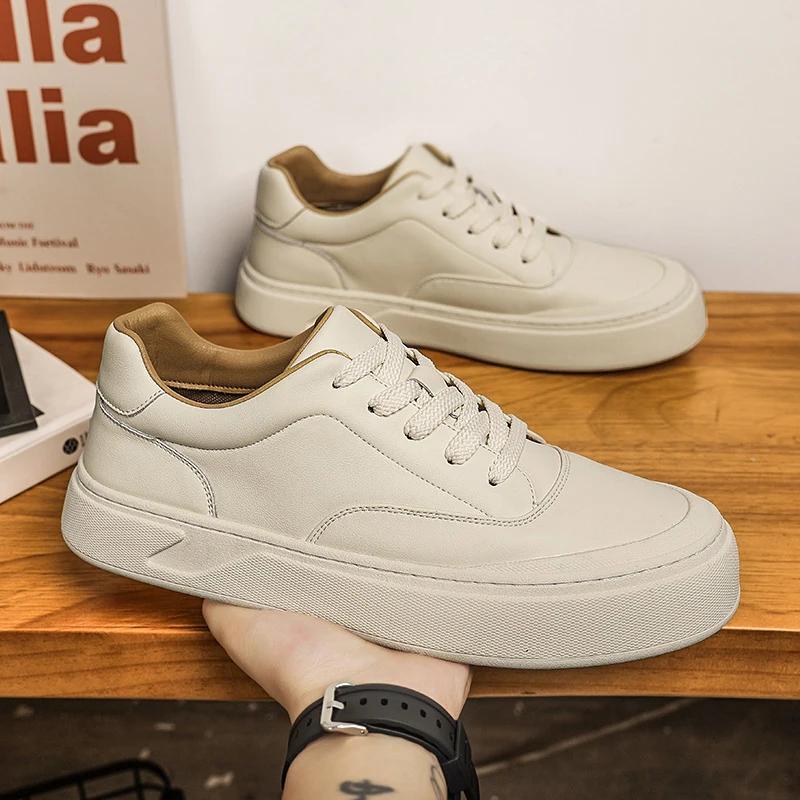 Fashion Luxury Men's High Quality Casual Leather Shoes Comfortable Thick Bottom Designer Lace-up Loafers Fashion Versatile White Shoes