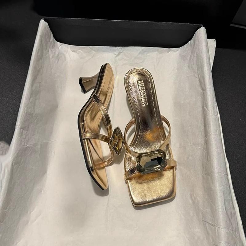 Niche Women's Shoes Sex Rhinestone Word with Open Toe Cool Slippers Women's Outer Wear Summer Spring New Fashion Square Head High Heels