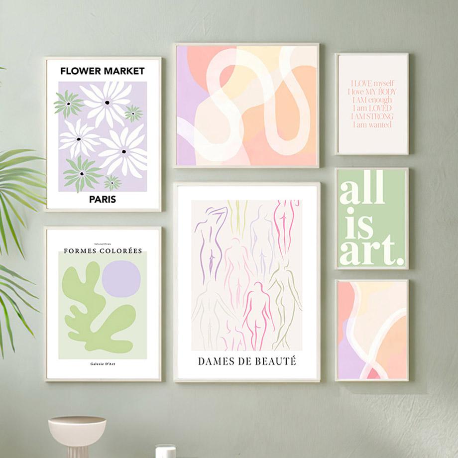 Spring Fresh Indie Pop Pink Green Flower Abstract Line Wall Art Canvas Painting Living Room Decor Poster And Print Wall Pictures