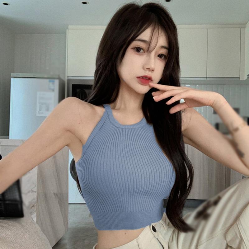 Женская камзол с воротником на шее, легкий укороченный топ, футболка без рукавов, майка, однотонная повседневная базовая рубашка