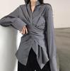 Long Sleeve Shirts Women Korean Style Loose Irregular Streetwear Autumn Vintage Office Lady Mid Blouses