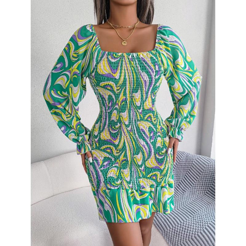 Женское платье осень/зима с квадратным воротником и длинными рукавами, оборками и запахом на бедрах