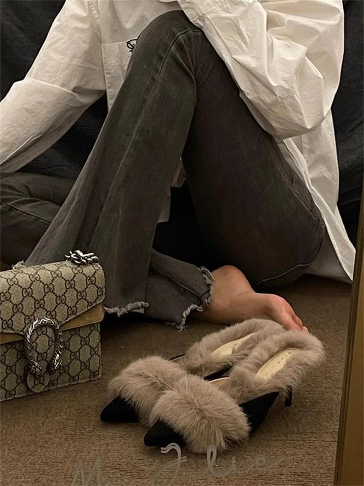 Роскошные меховые женские тапочки, остроносые туфли-мюли, сексуальные туфли на тонком высоком каблуке для вечеринок, зимние меховые теплые шлепанцы, замшевые туфли-лодочки Botas Mujer