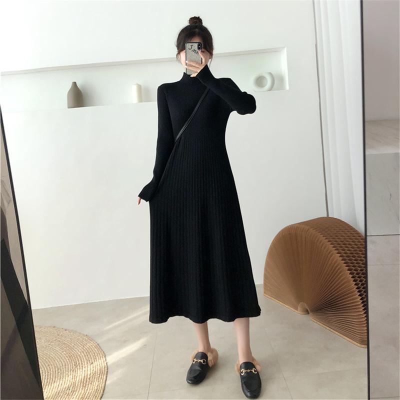 Элегантное теплое женское платье-свитер трапециевидной формы с воротником-полуводолазкой с длинным рукавом и тонкой талией, женские трикотажные платья до середины икры, осенние платья