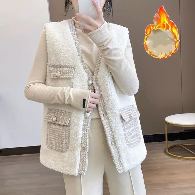 Temperament Lady Style Lamb Plush Vest Autumn and Winter New Tweed Stitching Vest Waistcoat Jacket Women