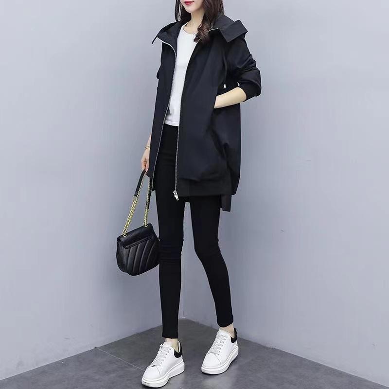 Women's Spring and Autumn Hooded Mid-Length Solid Color Jacket Casual Comfortable Windproof Jacket