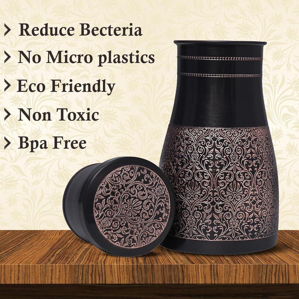 Бутылка/банка для аюрведической воды из меди премиум-класса со встроенным стеклом, черная античная глянцевая отделка, подходит для дома, столовой и комнаты. - 1000 мл
