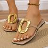 New Women Slippers Square Toe Open-toe Flip-flops Solid Color Beach Slippers Clip-toe Flat Metal Buckle Sandals Slides Women