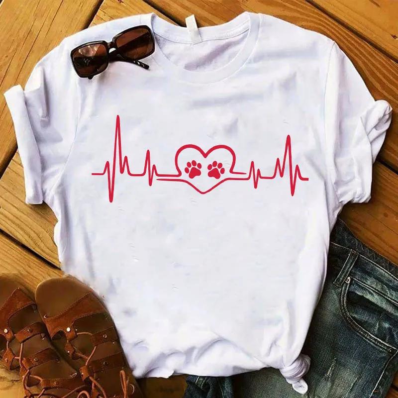 Women T Graphic Flower Never Walk Alone Dog Paw Fashion Printed Top Tshirt Female Tee Shirt Ladies Clothes Tshirt