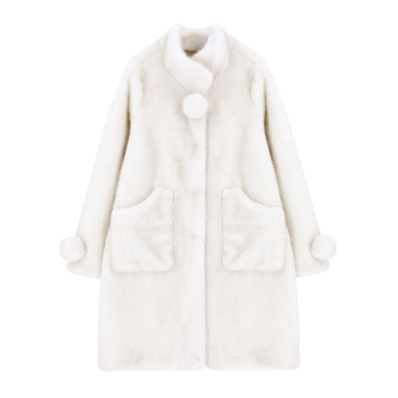 Роскошное женское зимнее пальто с воротником-стойкой и отделкой из меха норки - Длинная шерстяная верхняя куртка