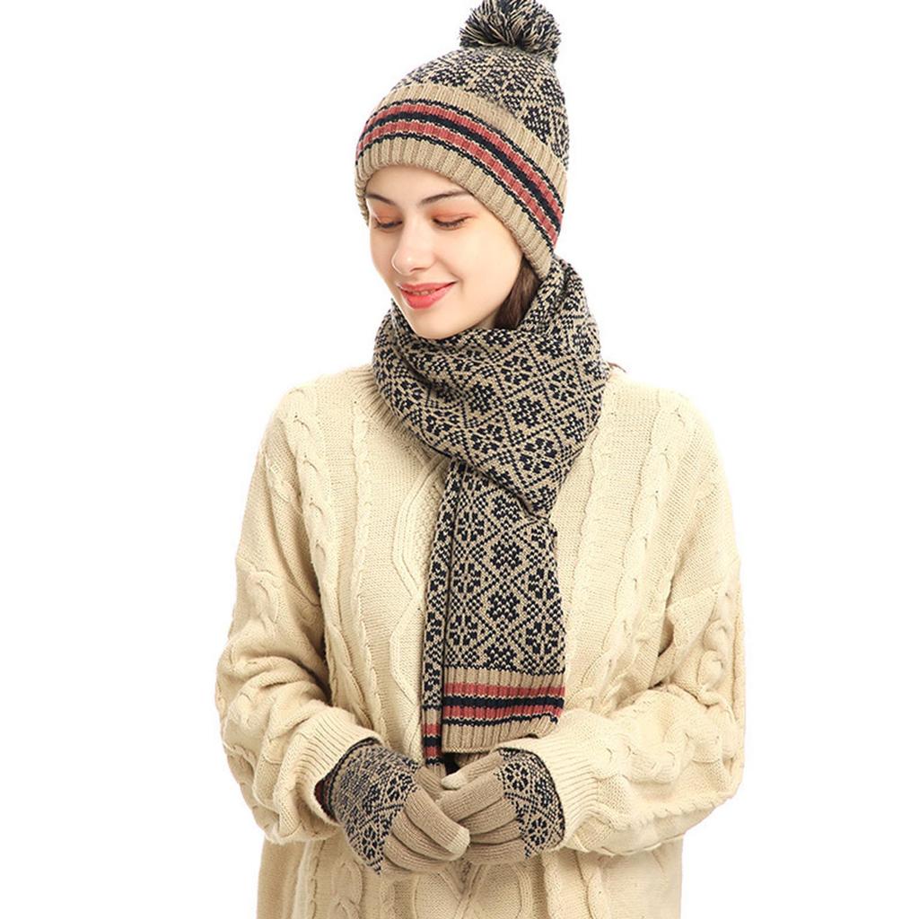 Women's And Men's Winter Fashion Warmth Cute Hat Scarf Gloves Casual Three Piece Set