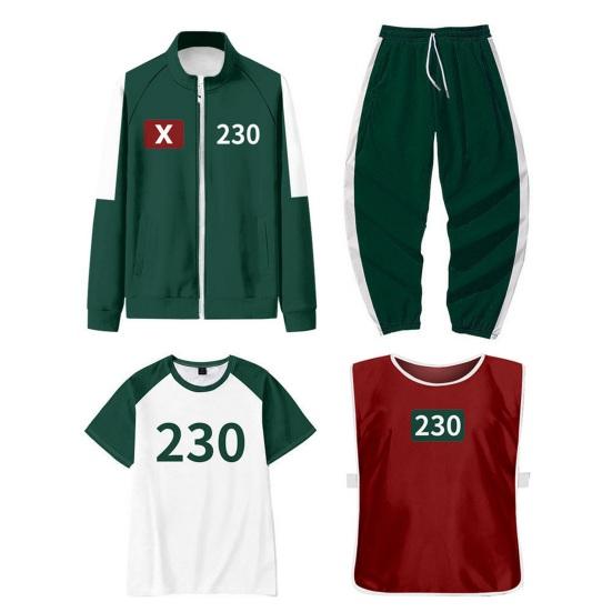 4 шт./компл. Костюм для косплея из сериала «Игра в кальмара», толстовка, куртка, брюки, футболка, жилет, комплект, куртка на молнии, брюки на шнурке, спортивный костюм для косплей-вечеринок, на каждый день