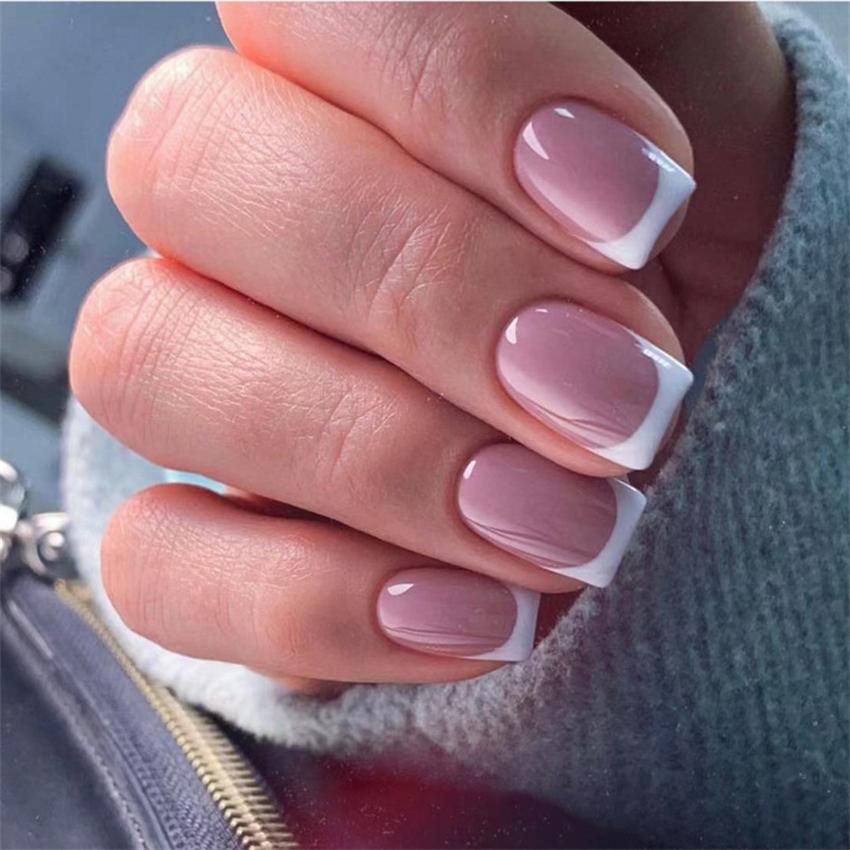 24Pcs Short French Press On Nails Pink Glitter Pearlized Fake Nail Tips Cute Natural Sweet