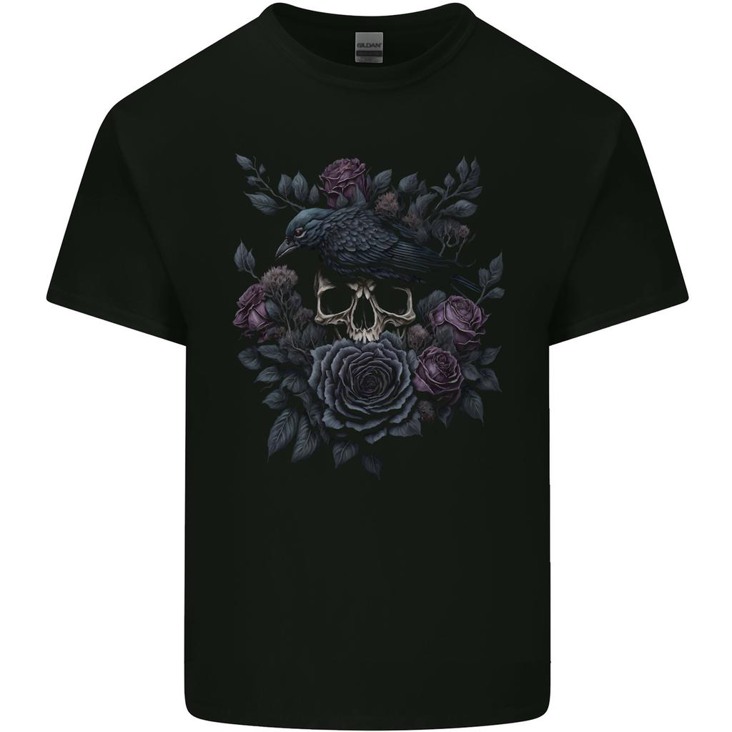 Crow Skull With Flowers Gothic Goth Raven Unisexs Light Cotton Tshirt