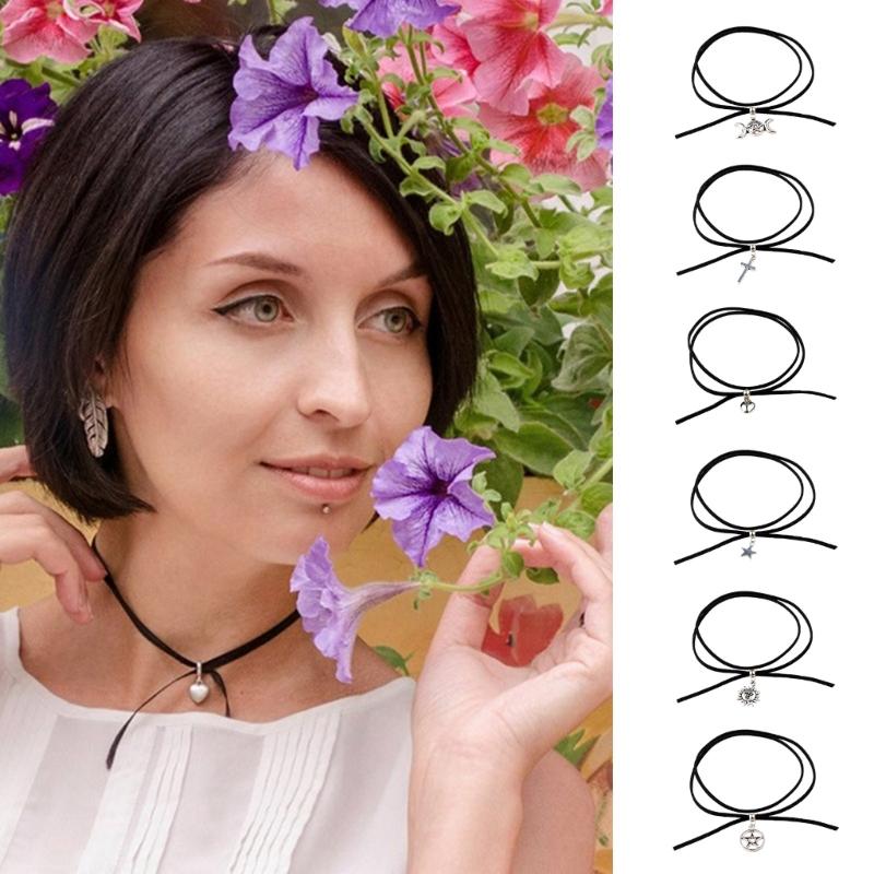 Готическое Черное Длинное Ожерелье Бархатная-Веревка Сердце Звезда Солнце-Луна Подвеска Чокер Ключица Цепочка Y2k Украшения Женские Девушка Подросток