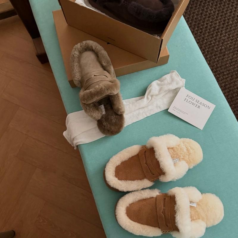 Womens Fuzzy Slippers With Wool Lining Warm Indoor House Shoes Slip-On Loafer Style Winter Comfortable Footwear
