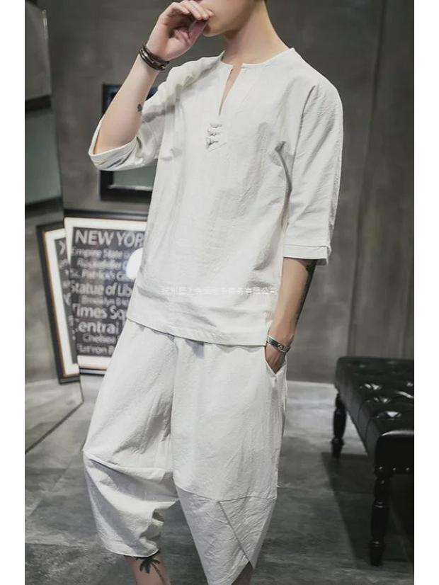 Мужской льняной костюм в китайском стиле с короткими рукавами в стиле Тан и комплект из двух предметов в стиле ханьфу в стиле Чжуншань-дзен